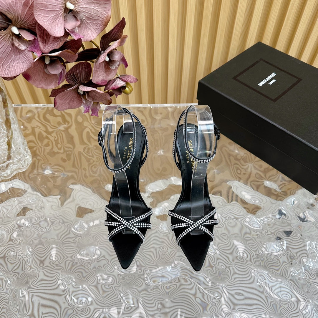 SL ONE-STRAP RHINESTONE BLACK SATIN - 35