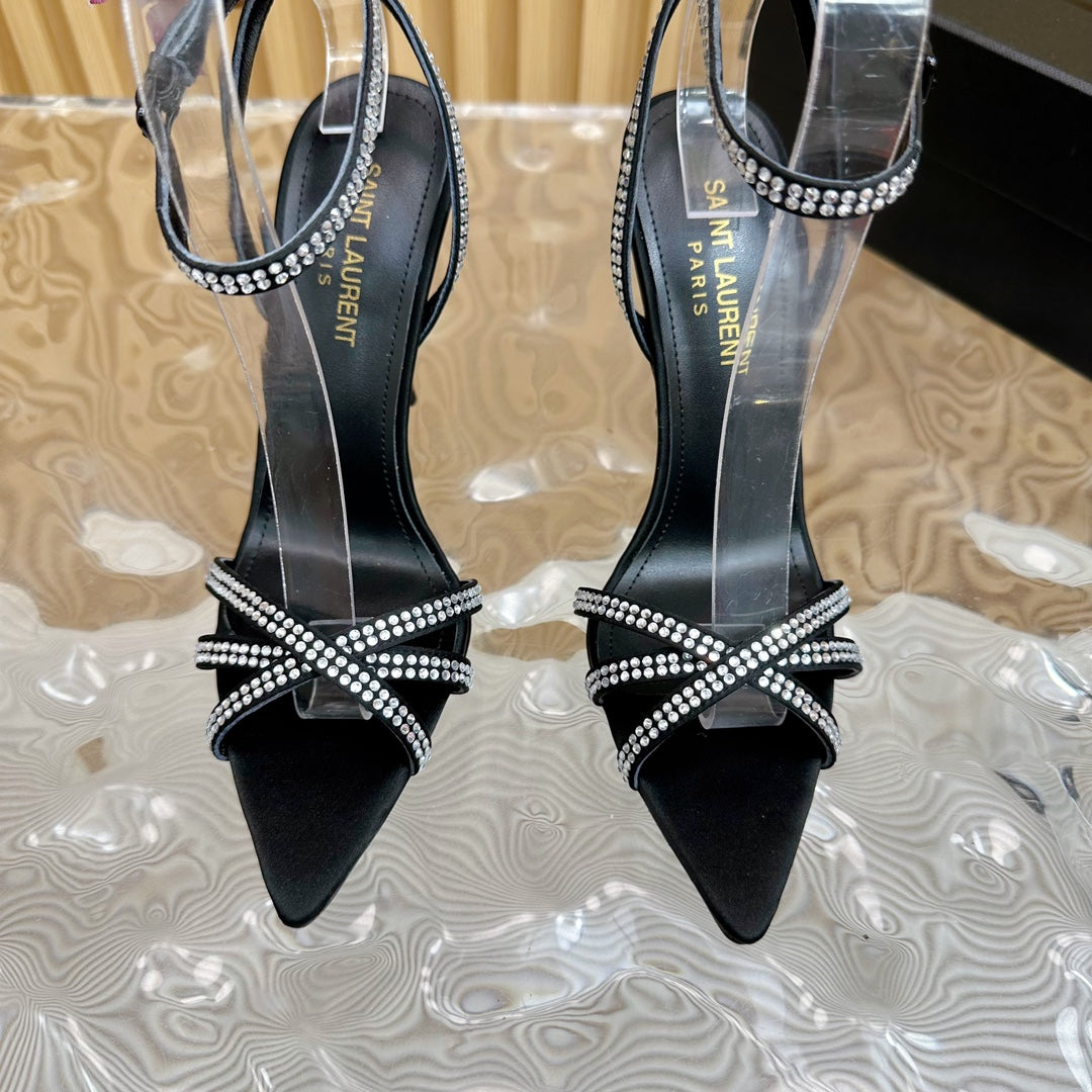 SL ONE-STRAP RHINESTONE BLACK SATIN - 35