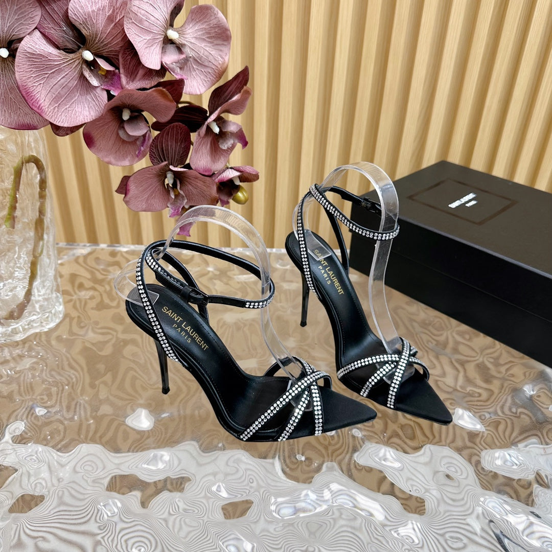 SL ONE-STRAP RHINESTONE BLACK SATIN - 35
