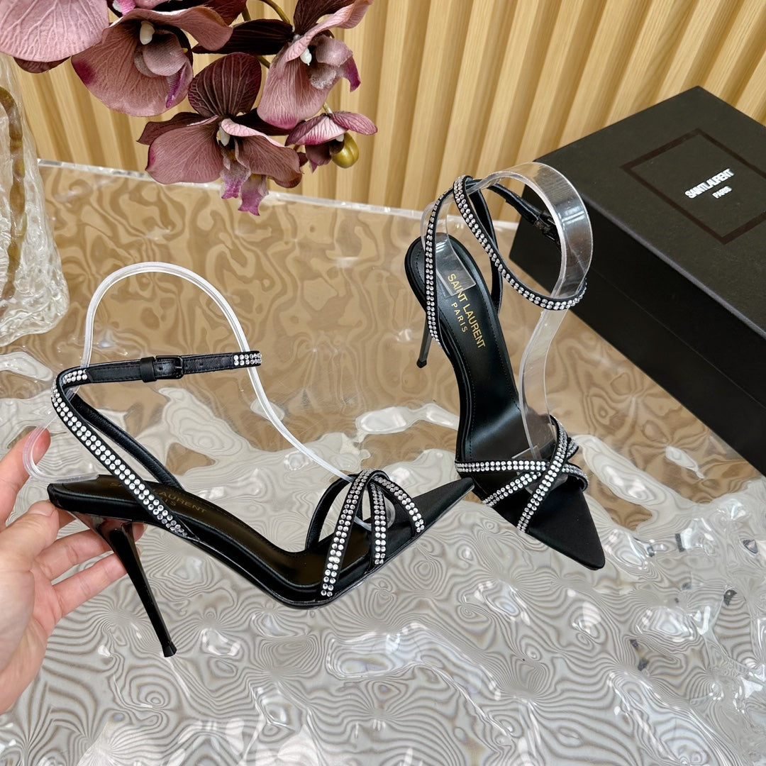 SL ONE-STRAP RHINESTONE BLACK SATIN - 35