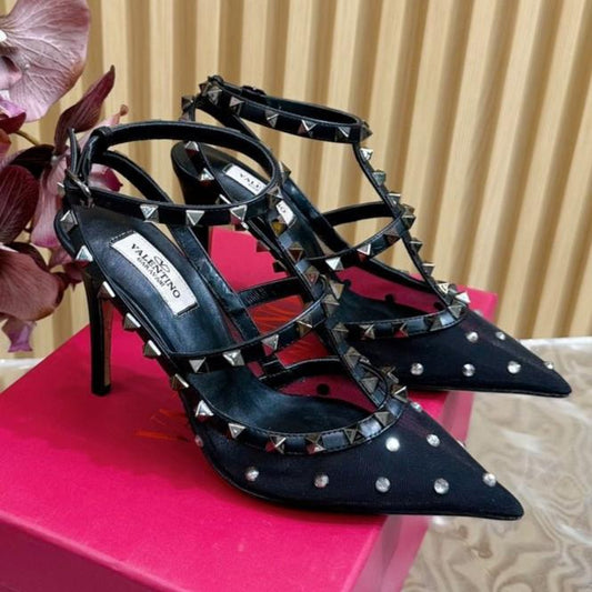 ROCKSTUD MIRROR-EFFECT PUMP WITH MATCHING STRAPS AND STUDS 95 MM BLACK CALFSKIN  AND MESH - 35