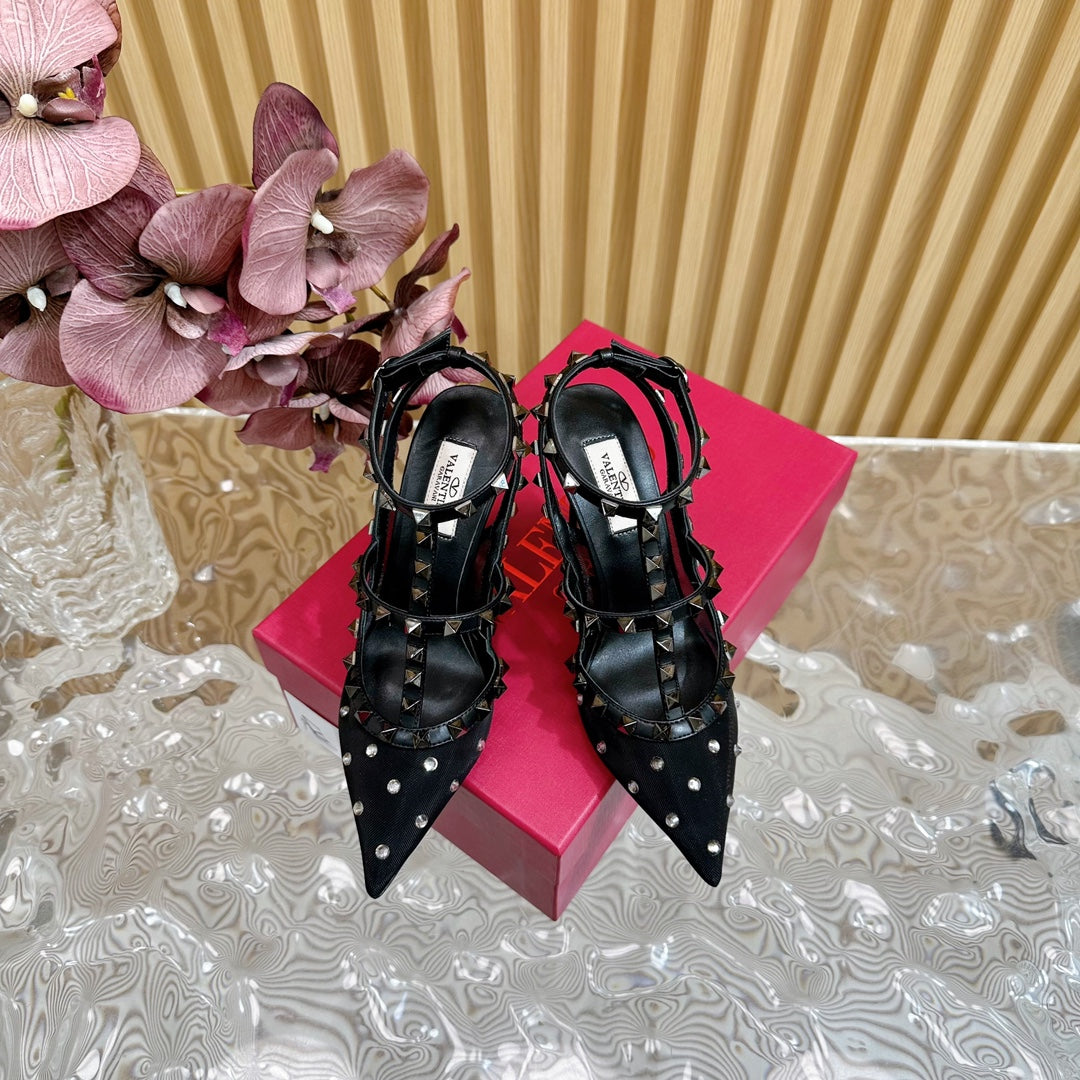 ROCKSTUD MIRROR-EFFECT PUMP WITH MATCHING STRAPS AND STUDS 95 MM BLACK CALFSKIN  AND MESH - 35