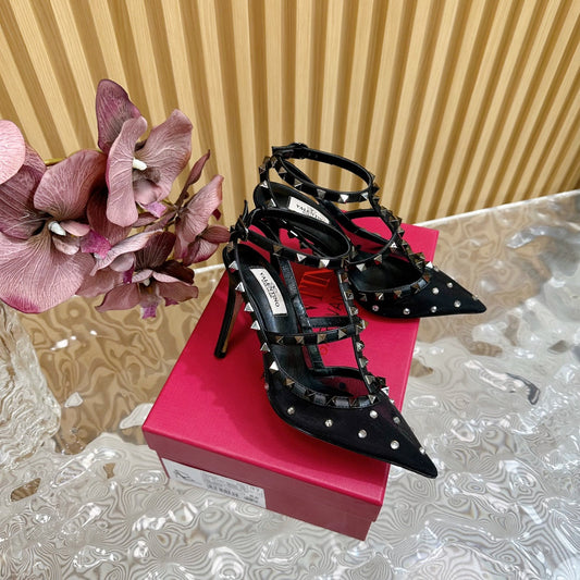 ТУФЛІ-ЛОДОЧКИ ROCKSTUD З ДЗЕРКАЛЬНИМ ЕФЕКТОМ ЗІ СПІВПАДАЮЧИМИ РЕМІНЦЯМИ ТА ЗАКЛЕПКАМИ 95 ММ ЧОРНА ТЕЛЯЧА ШКІРА ТА СІТКА - 35