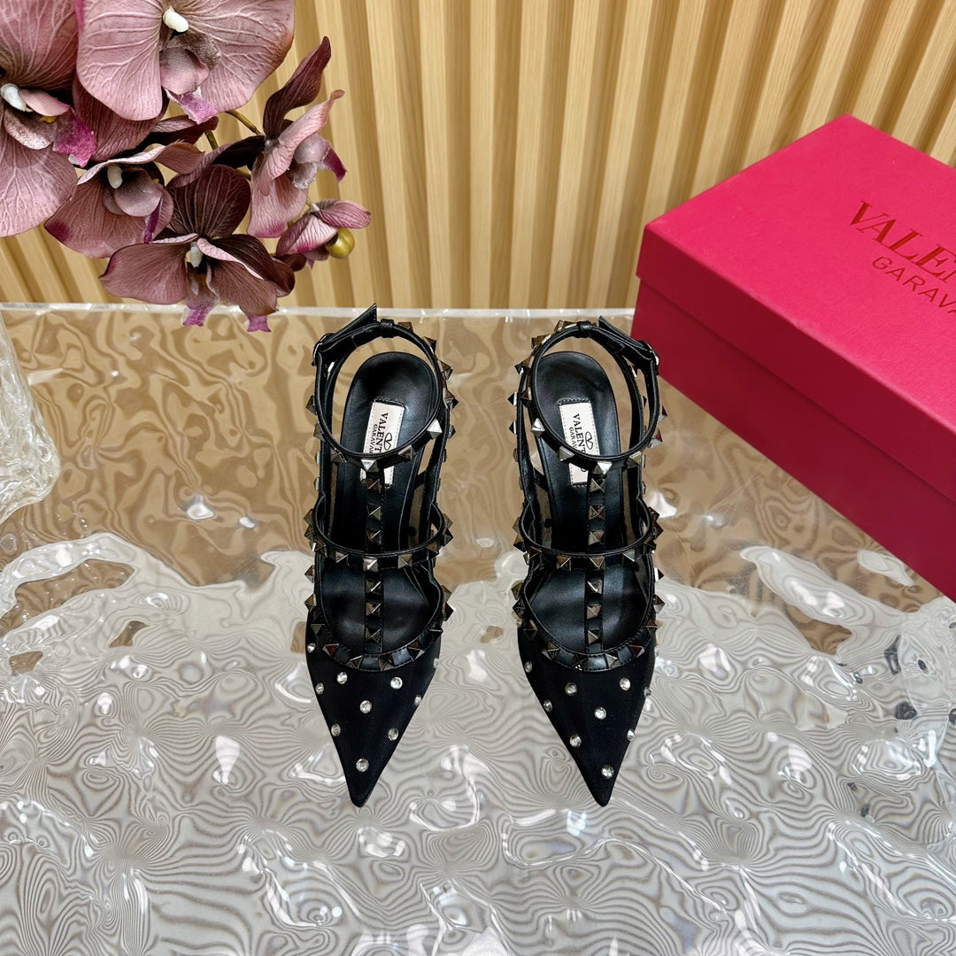 ROCKSTUD MIRROR-EFFECT PUMP WITH MATCHING STRAPS AND STUDS 95 MM BLACK CALFSKIN  AND MESH - 35