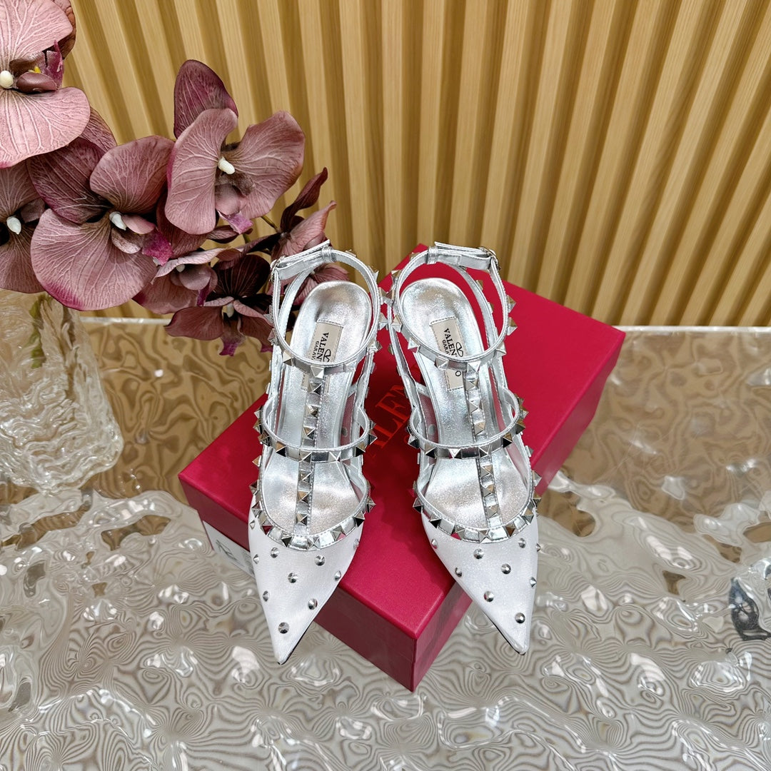 ROCKSTUD MIRROR-EFFECT PUMP WITH MATCHING STRAPS AND STUDS 95 MM SILVER CALFSKIN AND MESH - 35