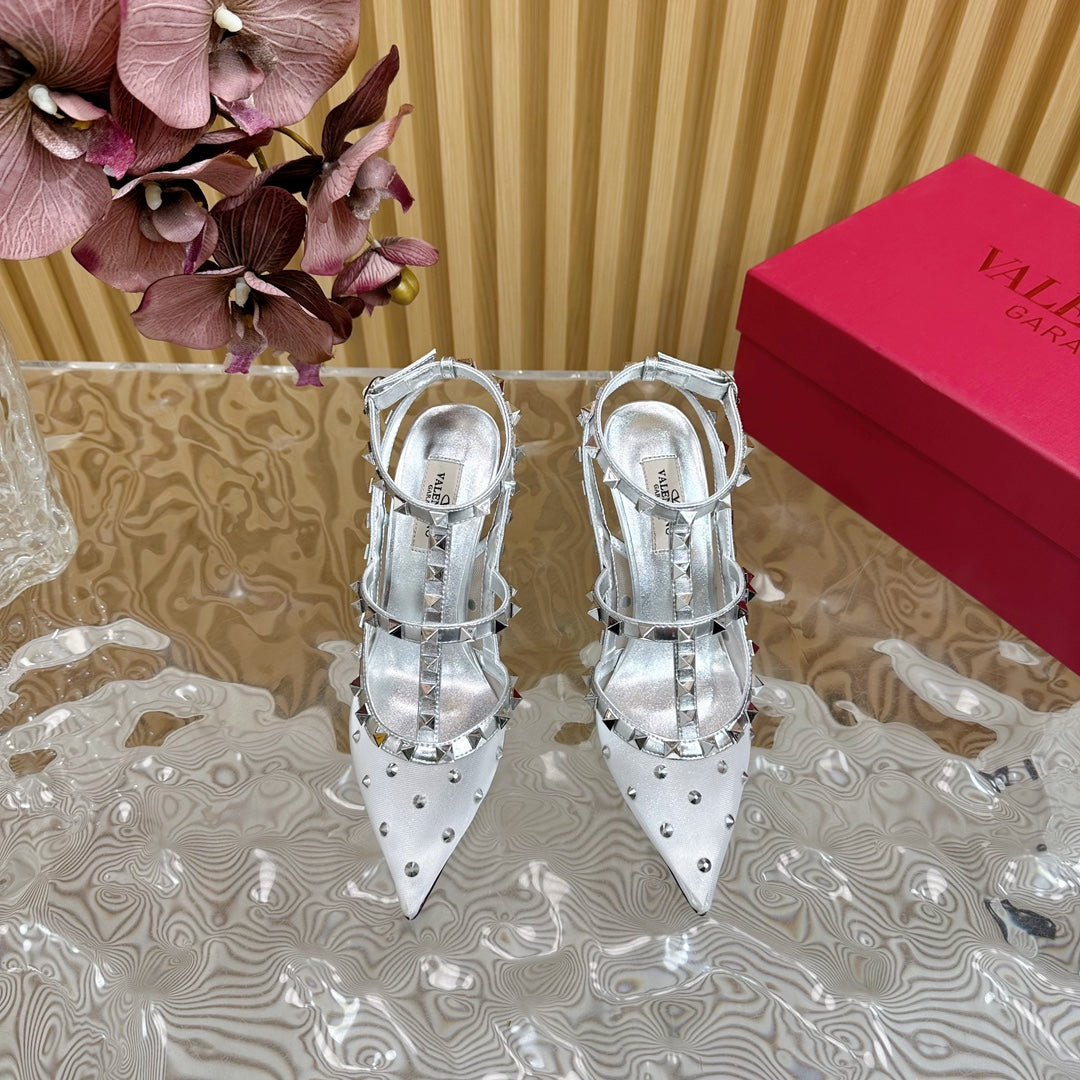 ROCKSTUD MIRROR-EFFECT PUMP WITH MATCHING STRAPS AND STUDS 95 MM SILVER CALFSKIN AND MESH - 35