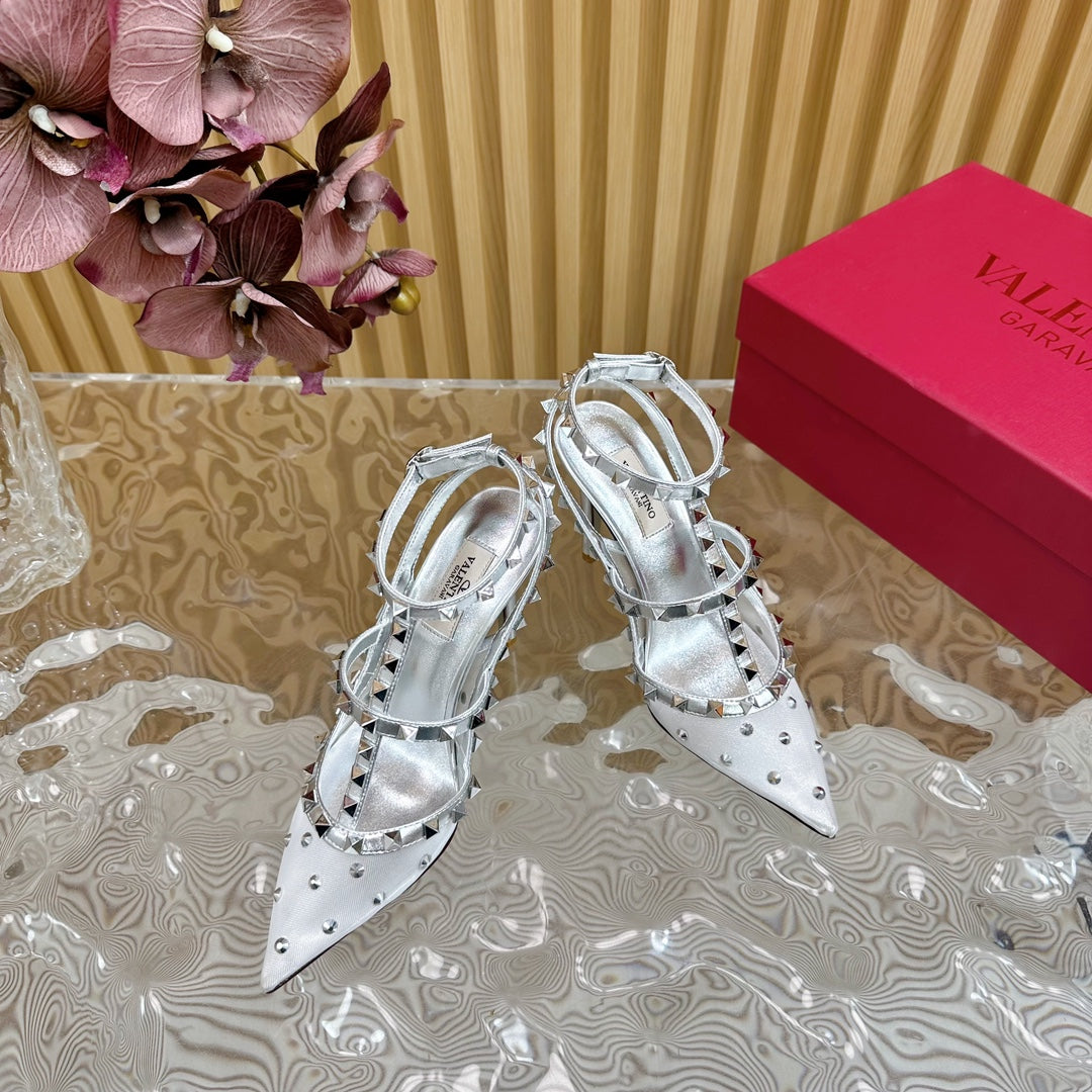 ROCKSTUD MIRROR-EFFECT PUMP WITH MATCHING STRAPS AND STUDS 95 MM SILVER CALFSKIN AND MESH - 35