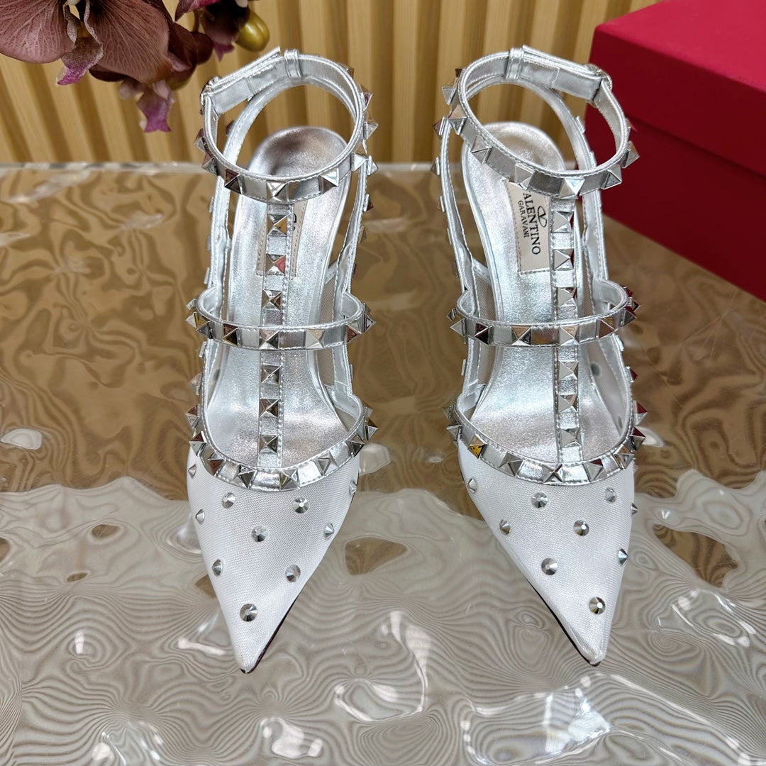 ROCKSTUD MIRROR-EFFECT PUMP WITH MATCHING STRAPS AND STUDS 95 MM SILVER CALFSKIN AND MESH - 35