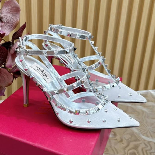 ROCKSTUD MIRROR-EFFECT PUMP WITH MATCHING STRAPS AND STUDS 95 MM SILVER CALFSKIN AND MESH - 35