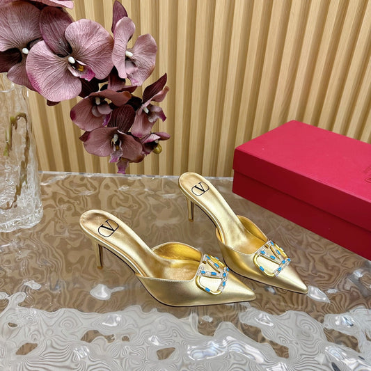 HIGH PUMP MULE 80MM IN GOLD CALFSKIN - 35