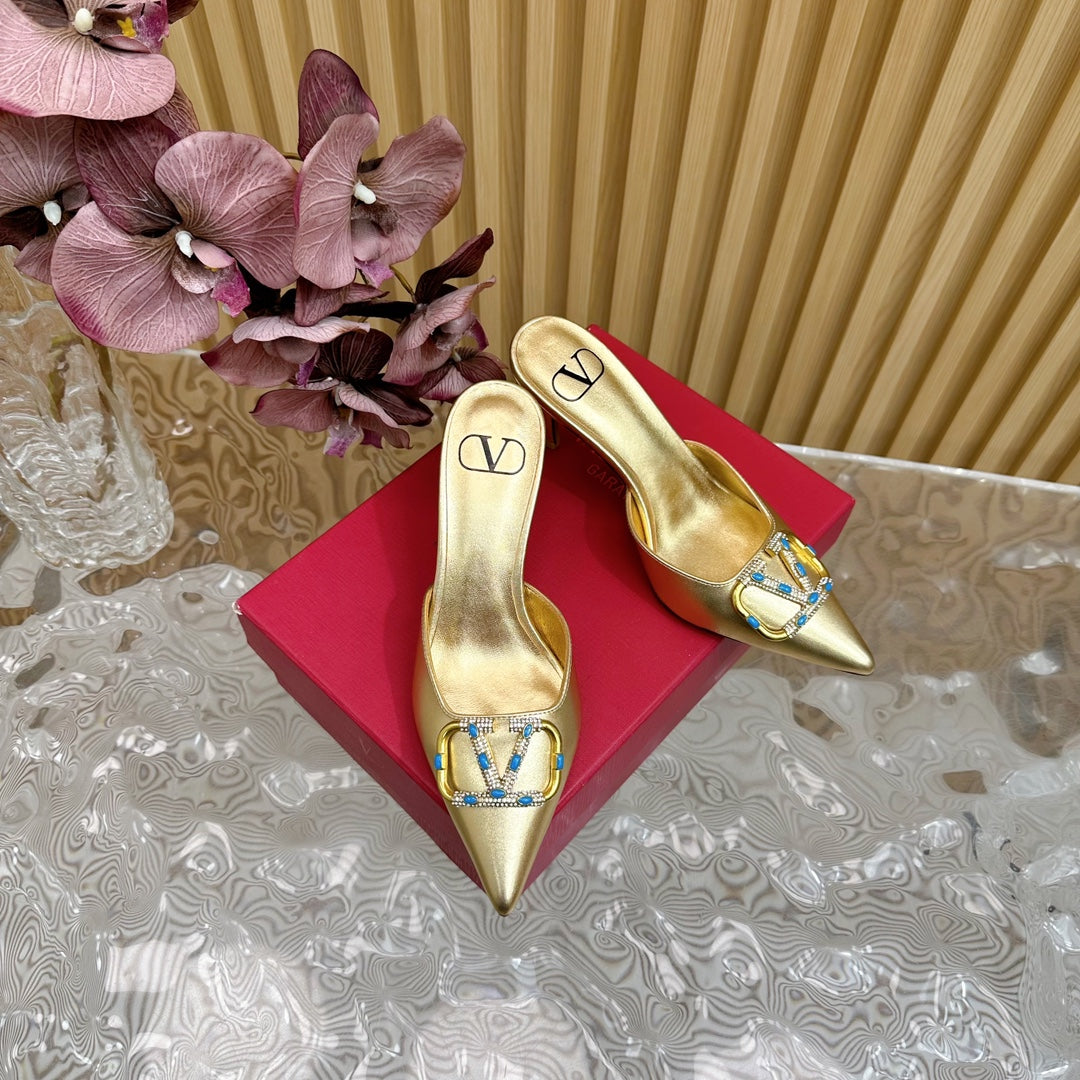 HIGH PUMP MULE 80MM IN GOLD CALFSKIN - 35