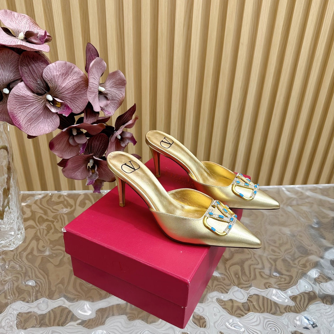 HIGH PUMP MULE 80MM IN GOLD CALFSKIN - 35
