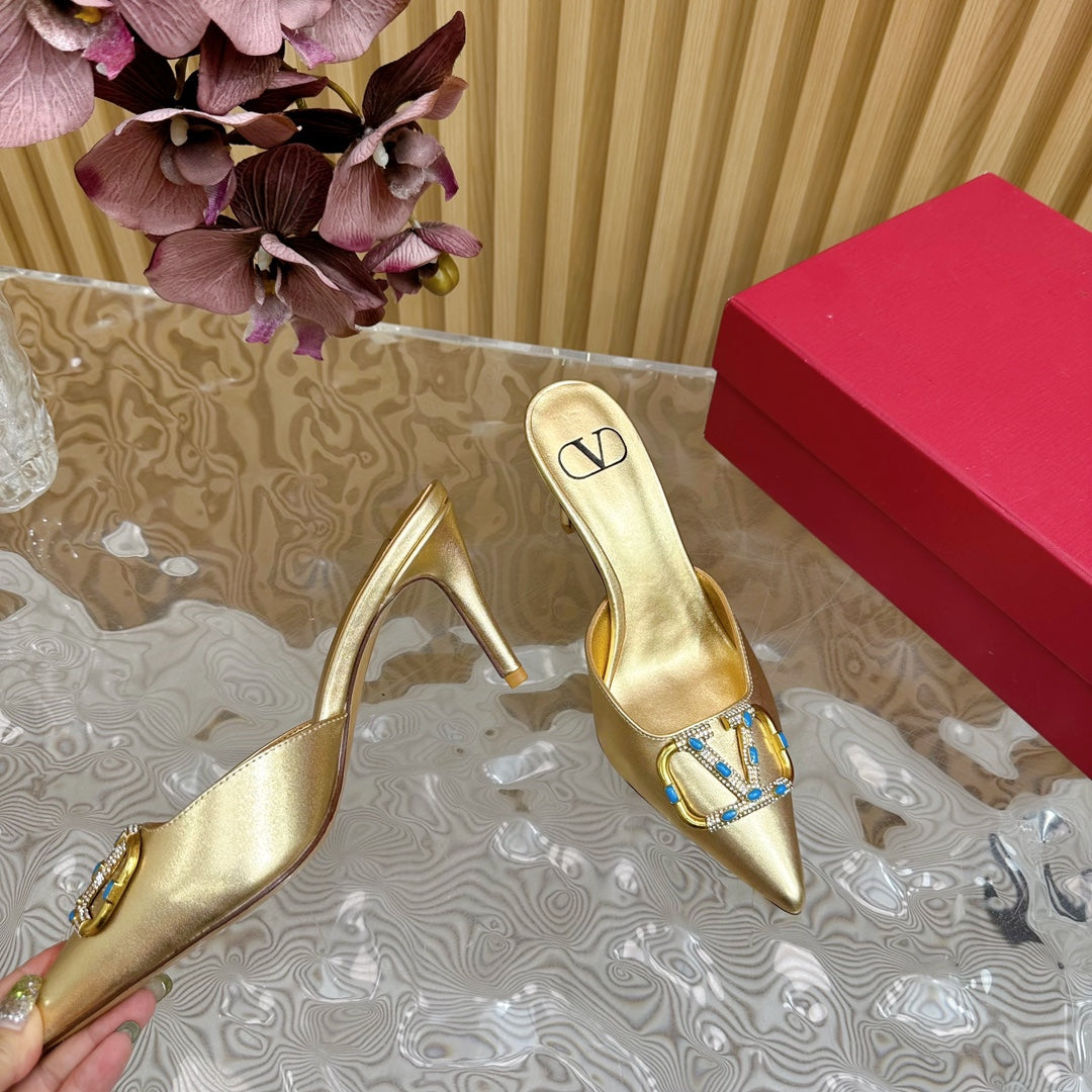 HIGH PUMP MULE 80MM IN GOLD CALFSKIN - 35