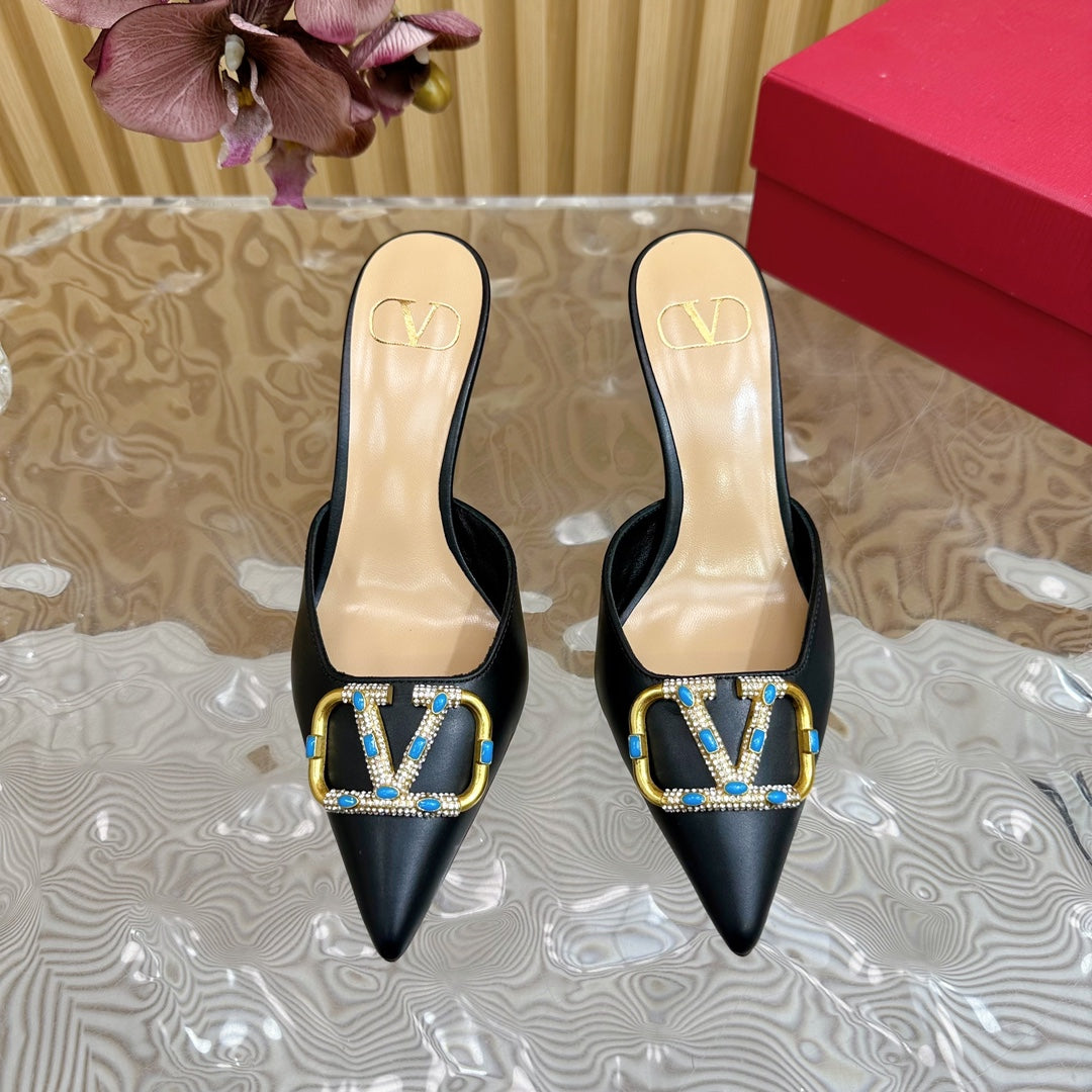 HIGH PUMP MULE 80MM IN BLACK CALFSKIN - 35