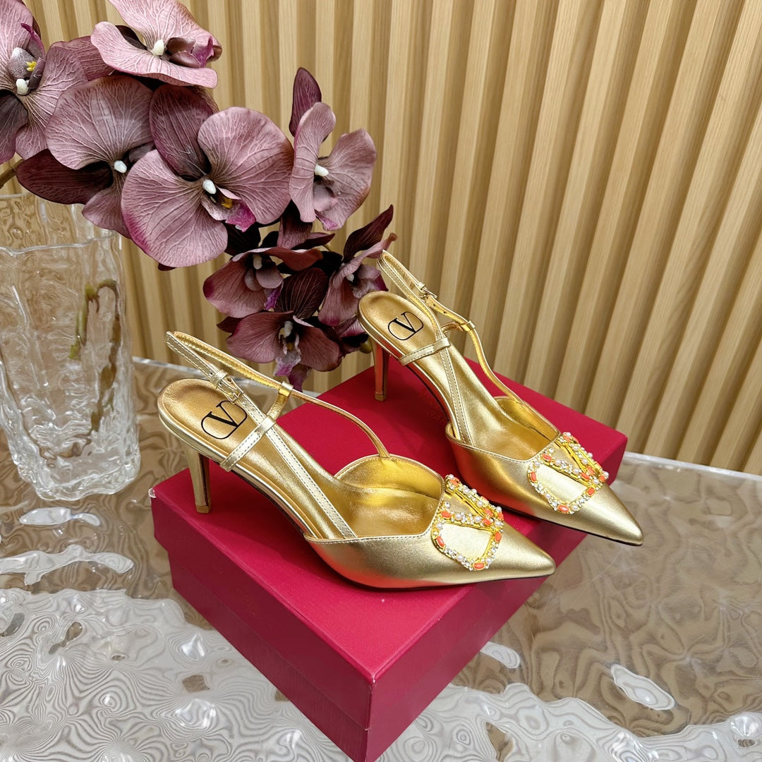 VLOGO SIGNATURE SLINGBACK PUMP 80 MM IN GOLD CALFSKIN - 35