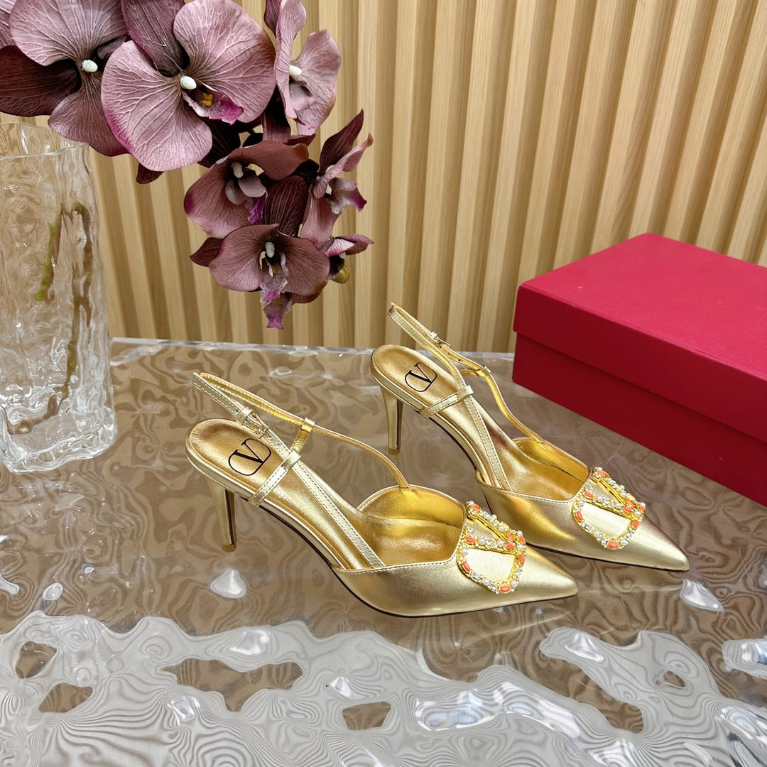 VLOGO SIGNATURE SLINGBACK PUMP 80 MM IN GOLD CALFSKIN - 35