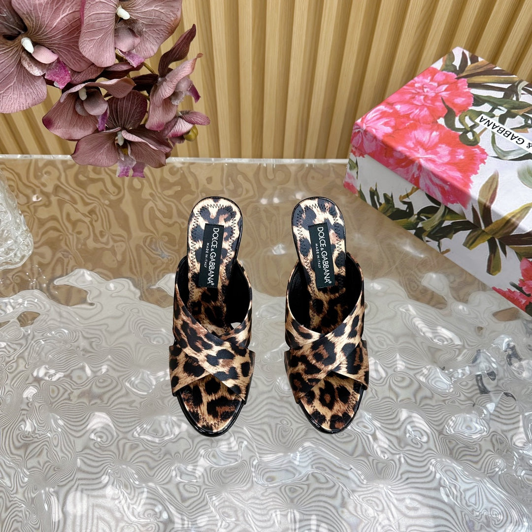 DG 100MM IN BEIGE FOOTWEAR – LEOPARD PRINT SATIN MULES - 35
