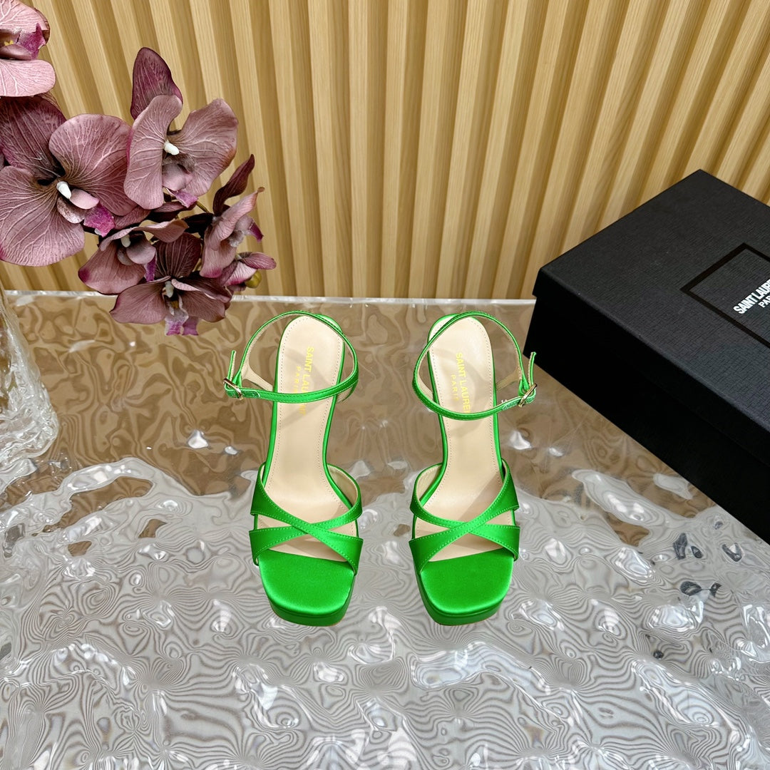 DEBBIE PLATFORM SANDALS IN GREEN SILK - 36