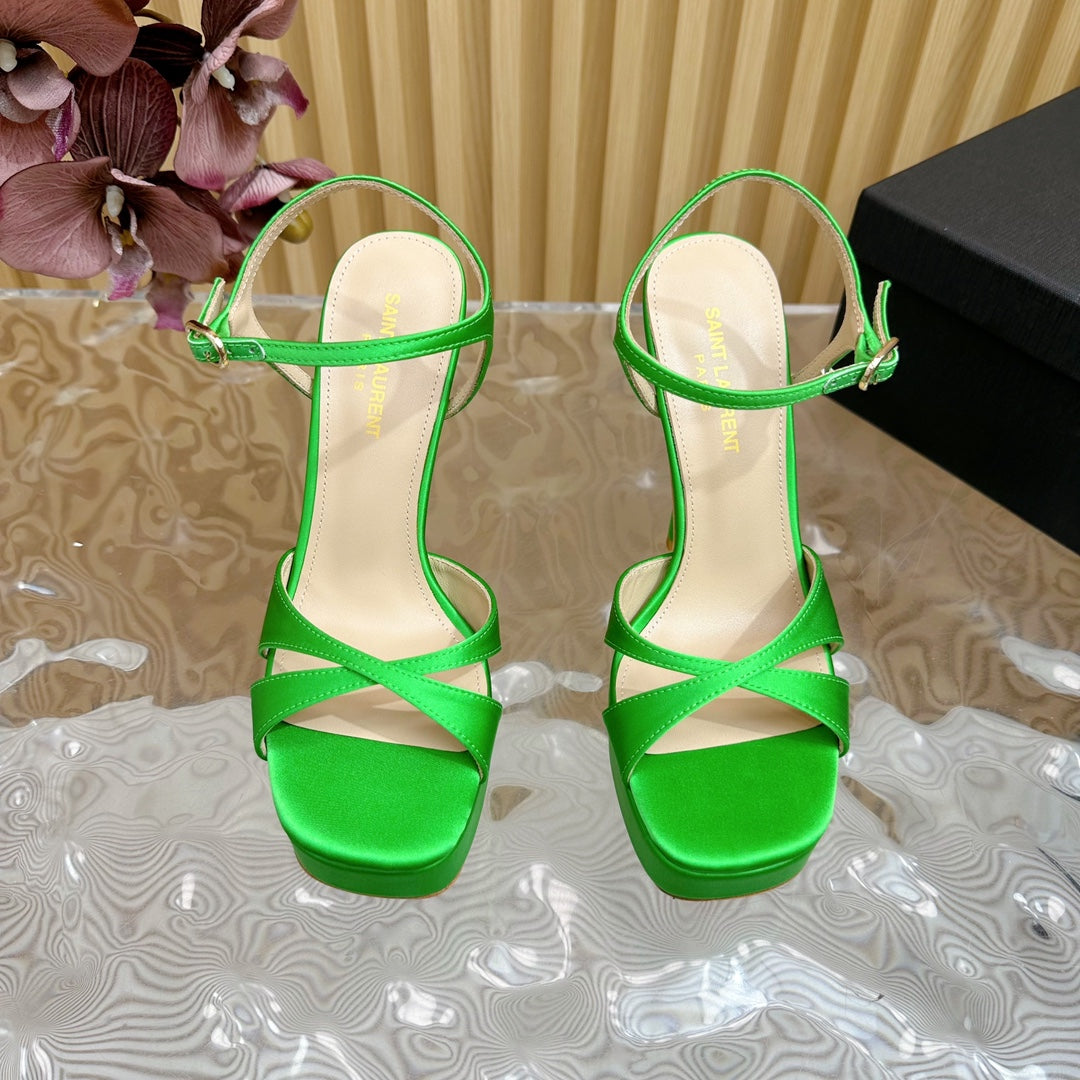 DEBBIE PLATFORM SANDALS IN GREEN SILK - 36