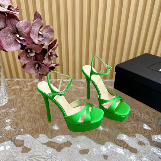 DEBBIE PLATFORM SANDALS IN GREEN SILK - 36