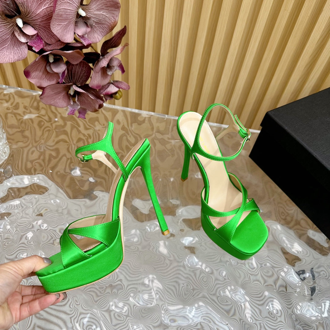 DEBBIE PLATFORM SANDALS IN GREEN SILK - 36