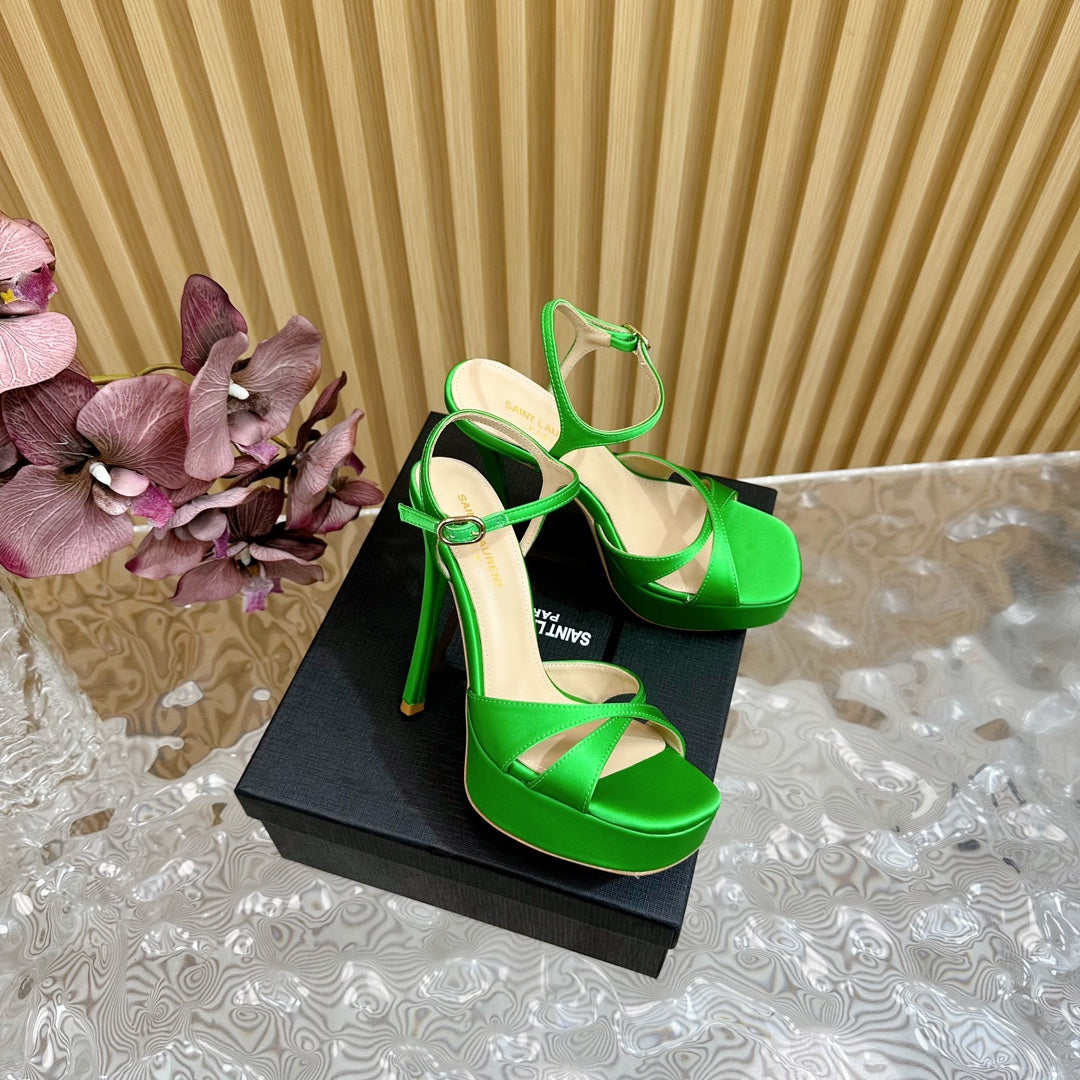 DEBBIE PLATFORM SANDALS IN GREEN SILK - 36