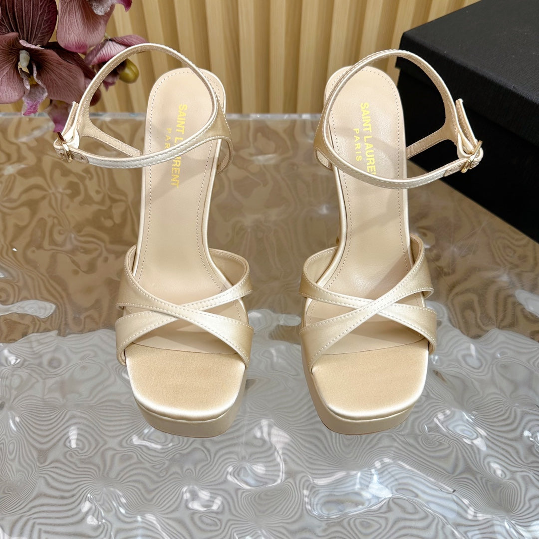 DEBBIE PLATFORM SANDALS IN IVORY BEIGE SILK - 36
