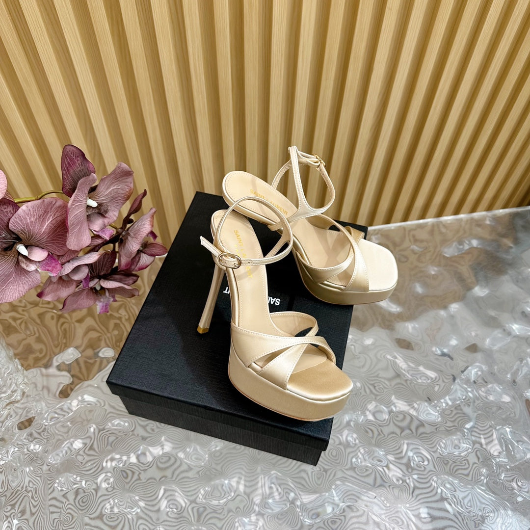 DEBBIE PLATFORM SANDALS IN IVORY BEIGE SILK - 36