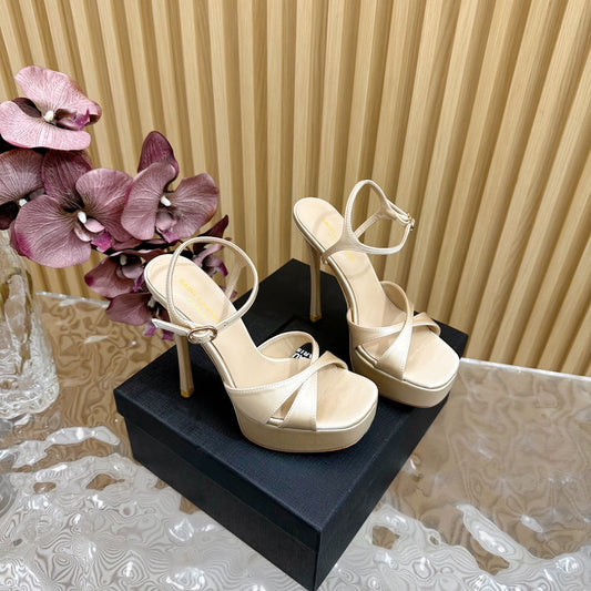 DEBBIE PLATFORM SANDALS IN IVORY BEIGE SILK - 36