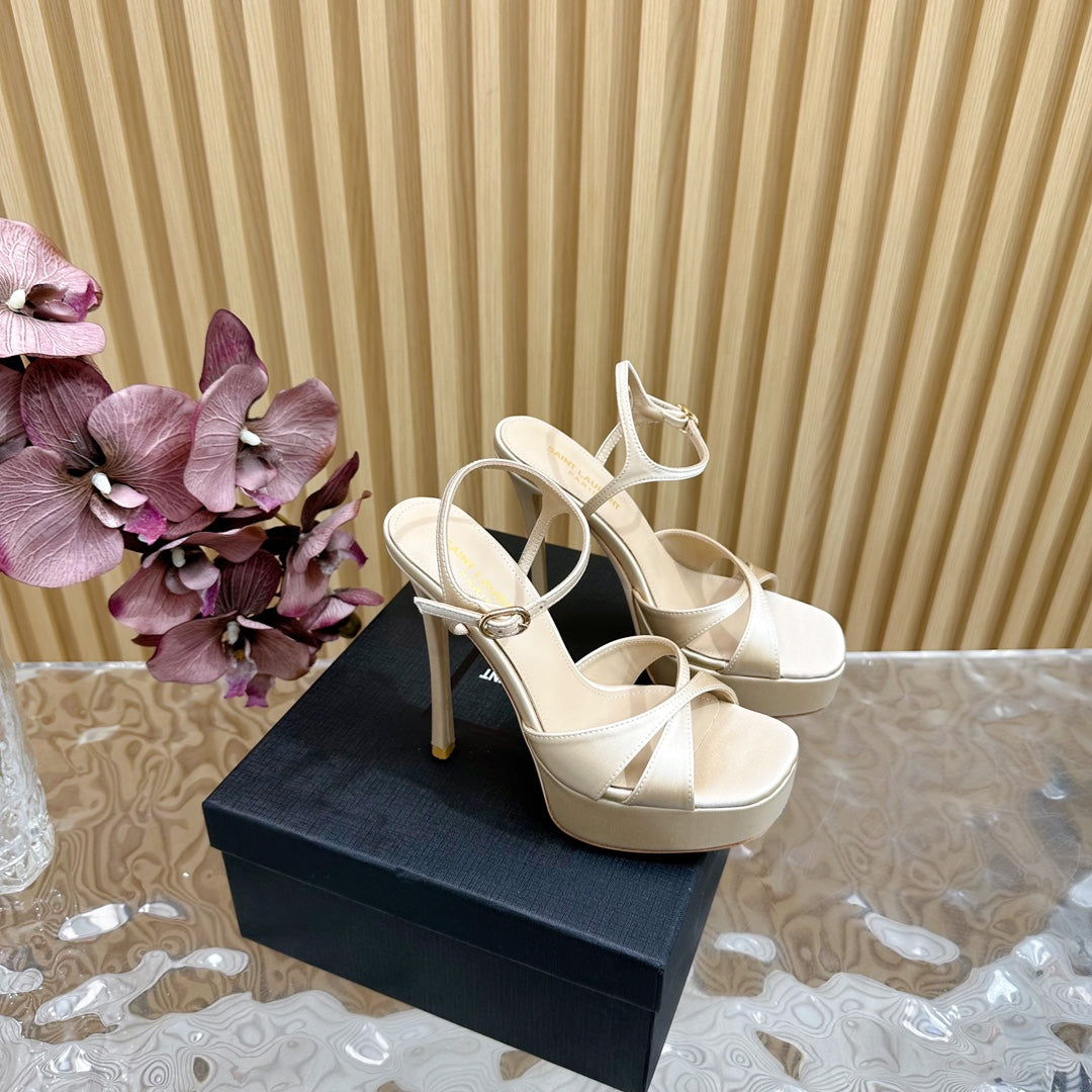 DEBBIE PLATFORM SANDALS IN IVORY BEIGE SILK - 36