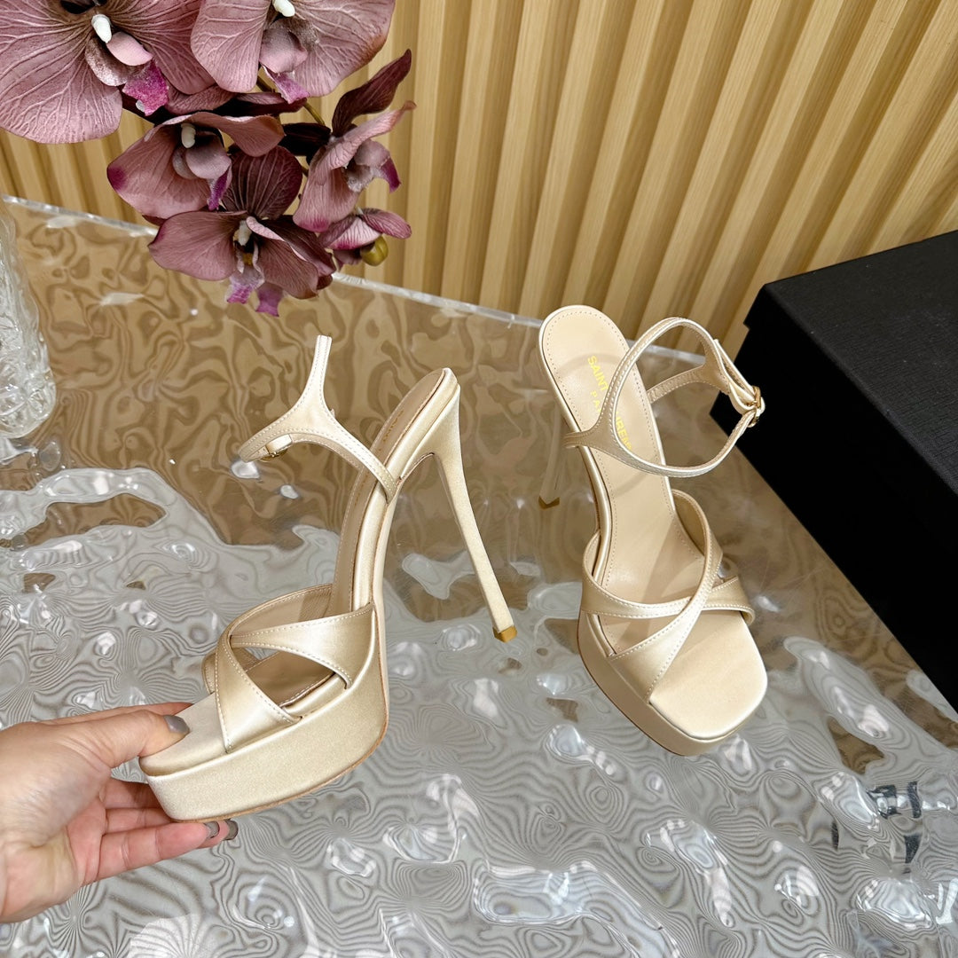 DEBBIE PLATFORM SANDALS IN IVORY BEIGE SILK - 36