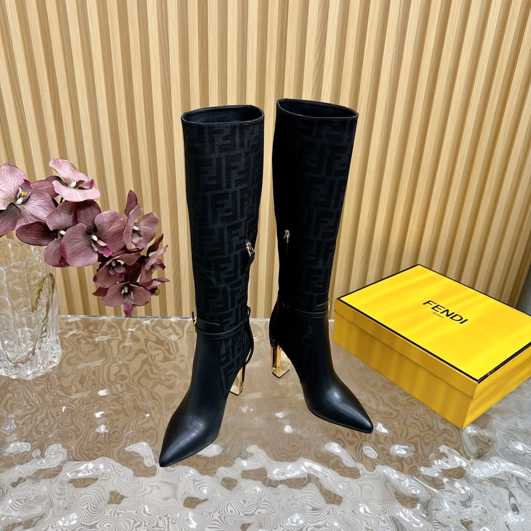 FF BOOTIES HIGH BOOTS IN BLACK CALFSKIN AND MONOGRAM FF FABRIC - 35