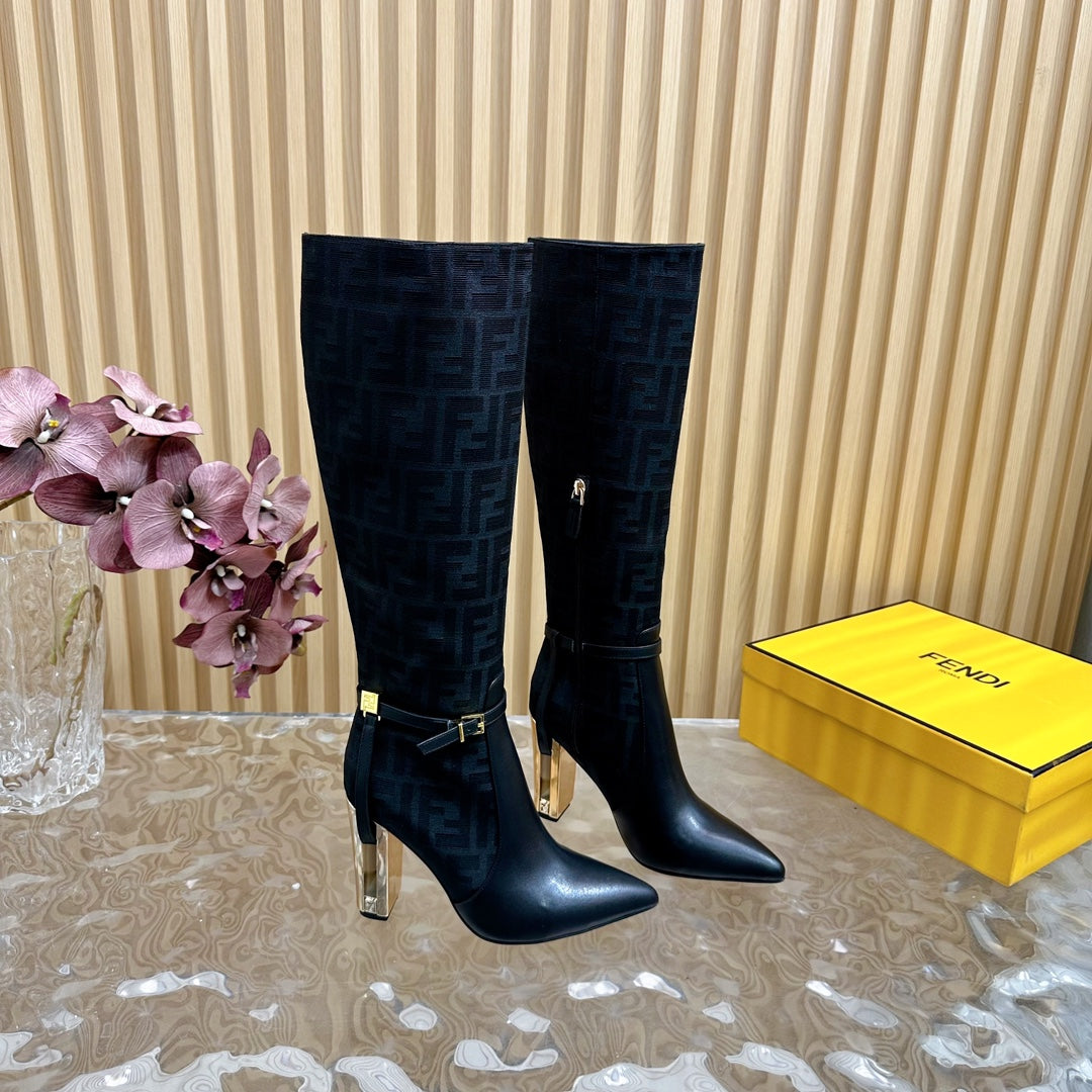 FF BOOTIES HIGH BOOTS IN BLACK CALFSKIN AND MONOGRAM FF FABRIC - 35