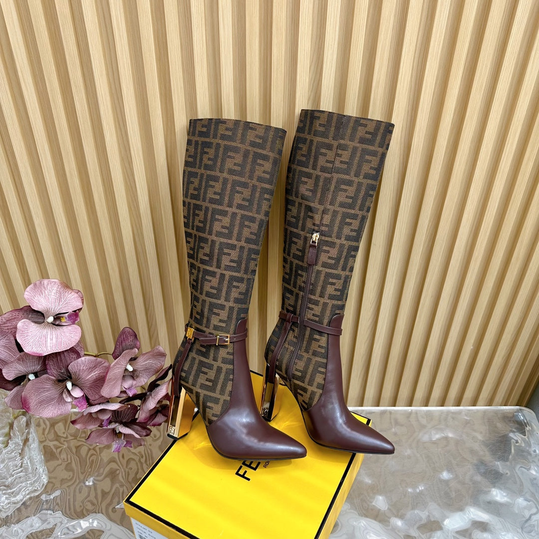 FF BOOTIES HIGH BOOTS IN SANGRIA CALFSKIN AND MEDIUM BROWN MONOGRAM FF FABRIC - 35