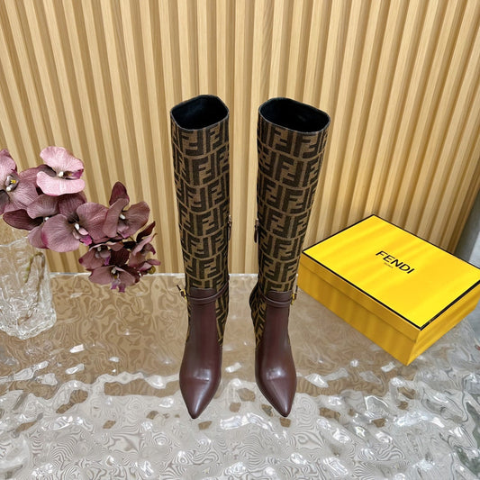FF BOOTIES HIGH BOOTS IN SANGRIA CALFSKIN AND MEDIUM BROWN MONOGRAM FF FABRIC - 35