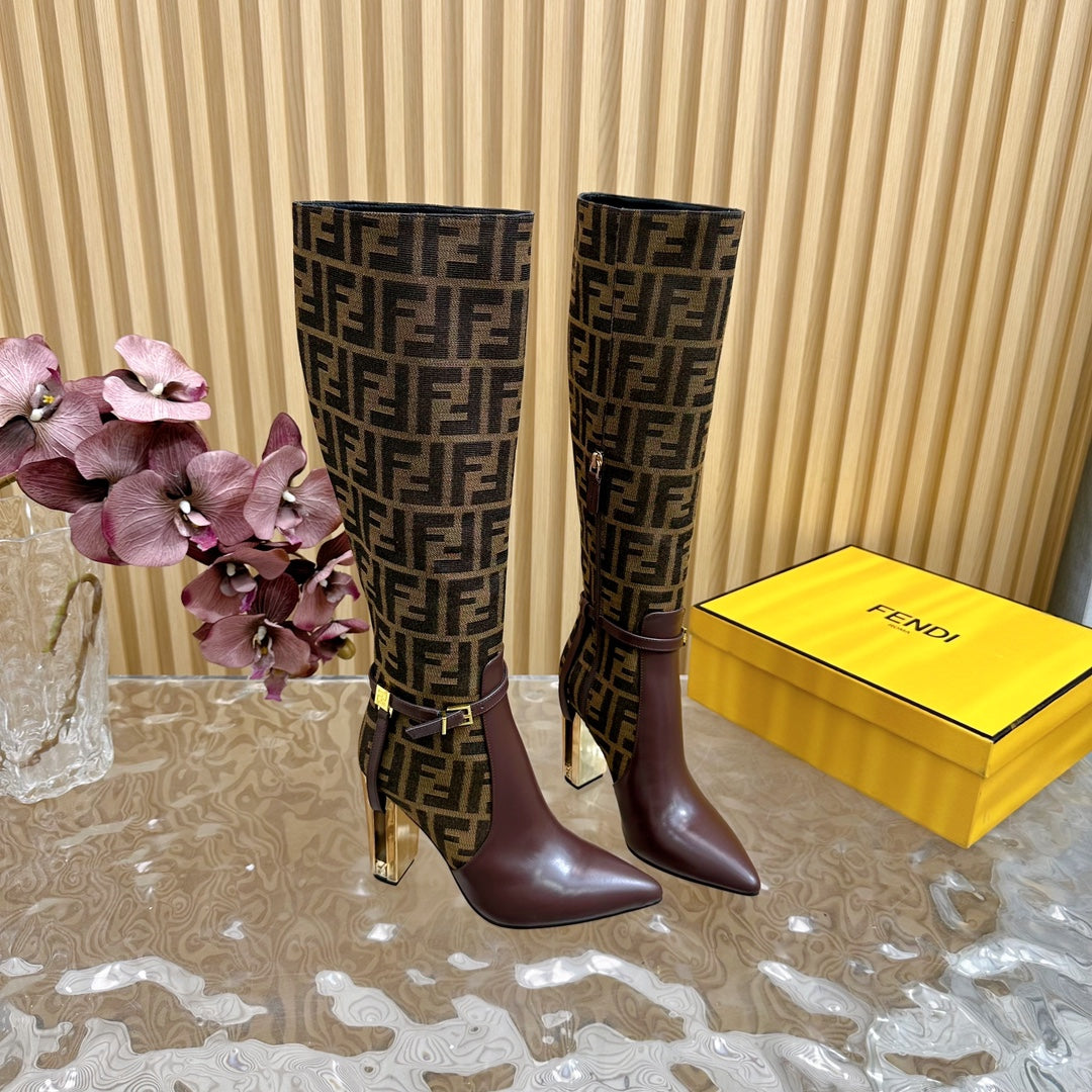 FF BOOTIES HIGH BOOTS IN SANGRIA CALFSKIN AND MEDIUM BROWN MONOGRAM FF FABRIC - 35