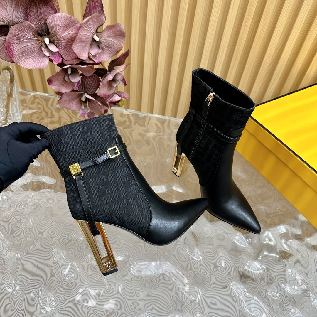 FF BOOTIES BOOTS IN BLACK CALFSKIN AND MONOGRAM FF FABRIC - 35
