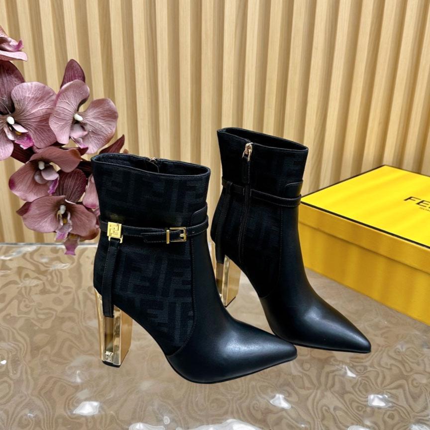FF BOOTIES BOOTS IN BLACK CALFSKIN AND MONOGRAM FF FABRIC - 35