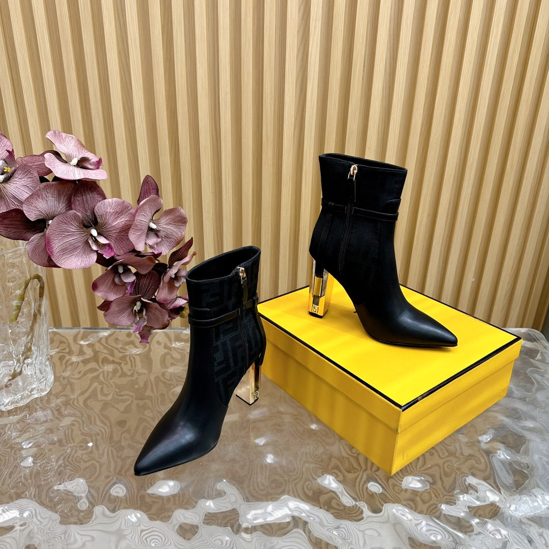 FF BOOTIES BOOTS IN BLACK CALFSKIN AND MONOGRAM FF FABRIC - 35