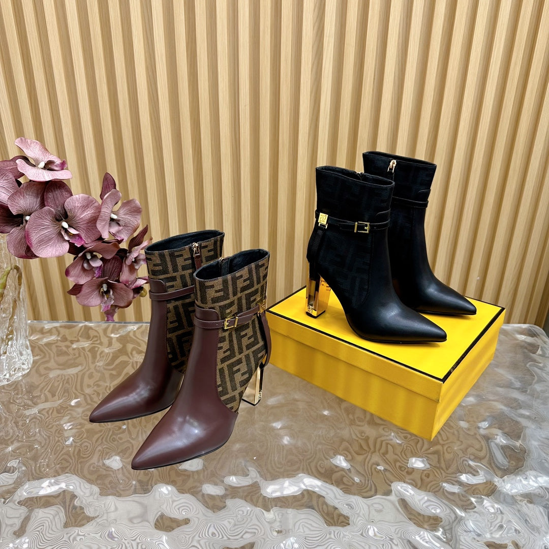 FF BOOTIES BOOTS IN BLACK CALFSKIN AND MONOGRAM FF FABRIC - 35