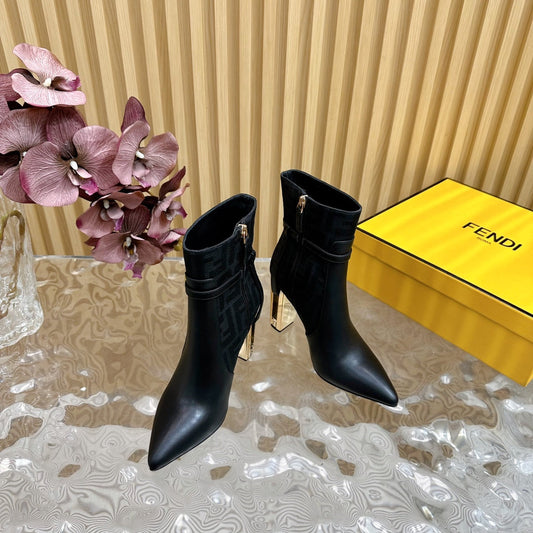 FF BOOTIES BOOTS IN BLACK CALFSKIN AND MONOGRAM FF FABRIC - 35