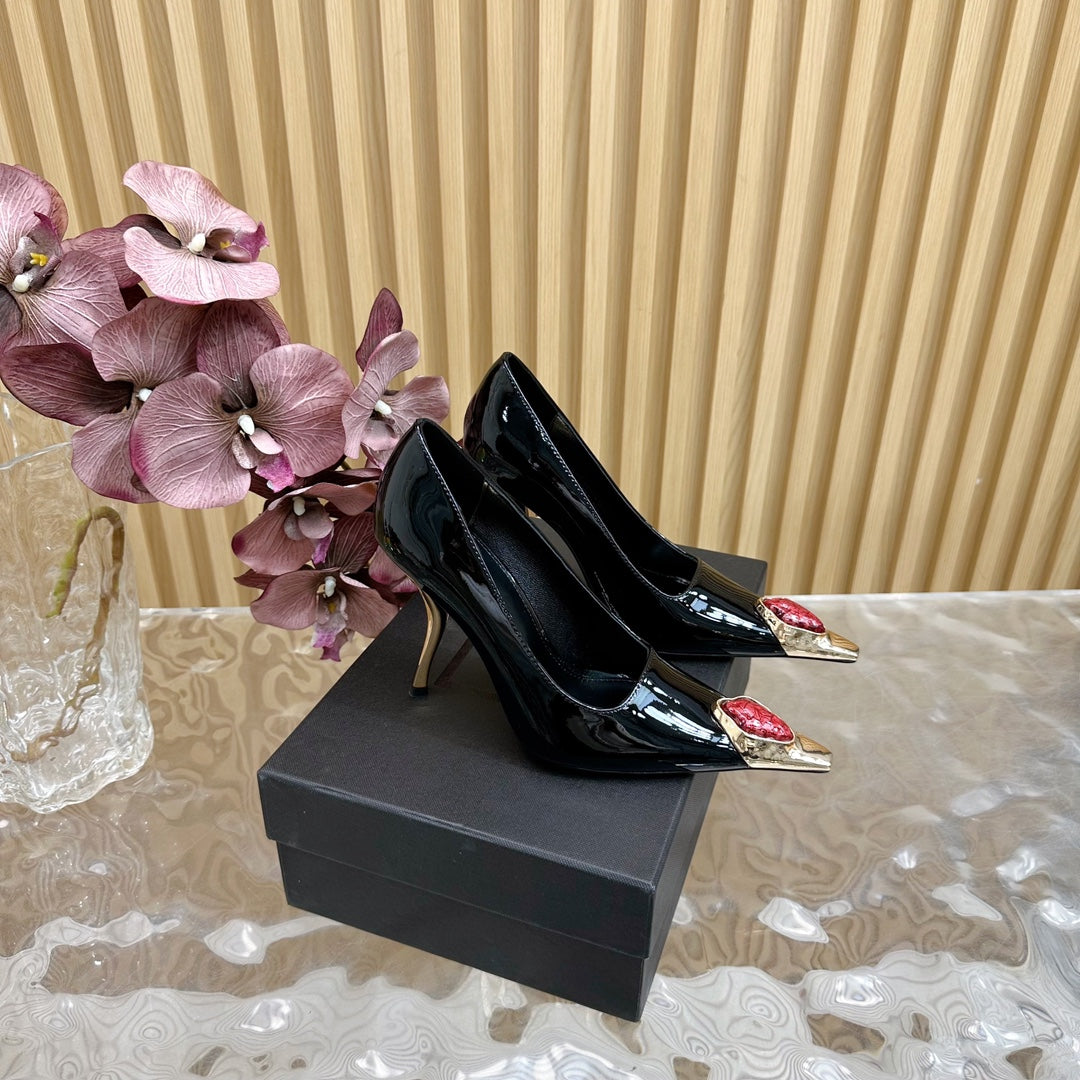 RED GEM-STUDDED HIGH PUMPS IN BLACK PATENT CALFSKIN - 35