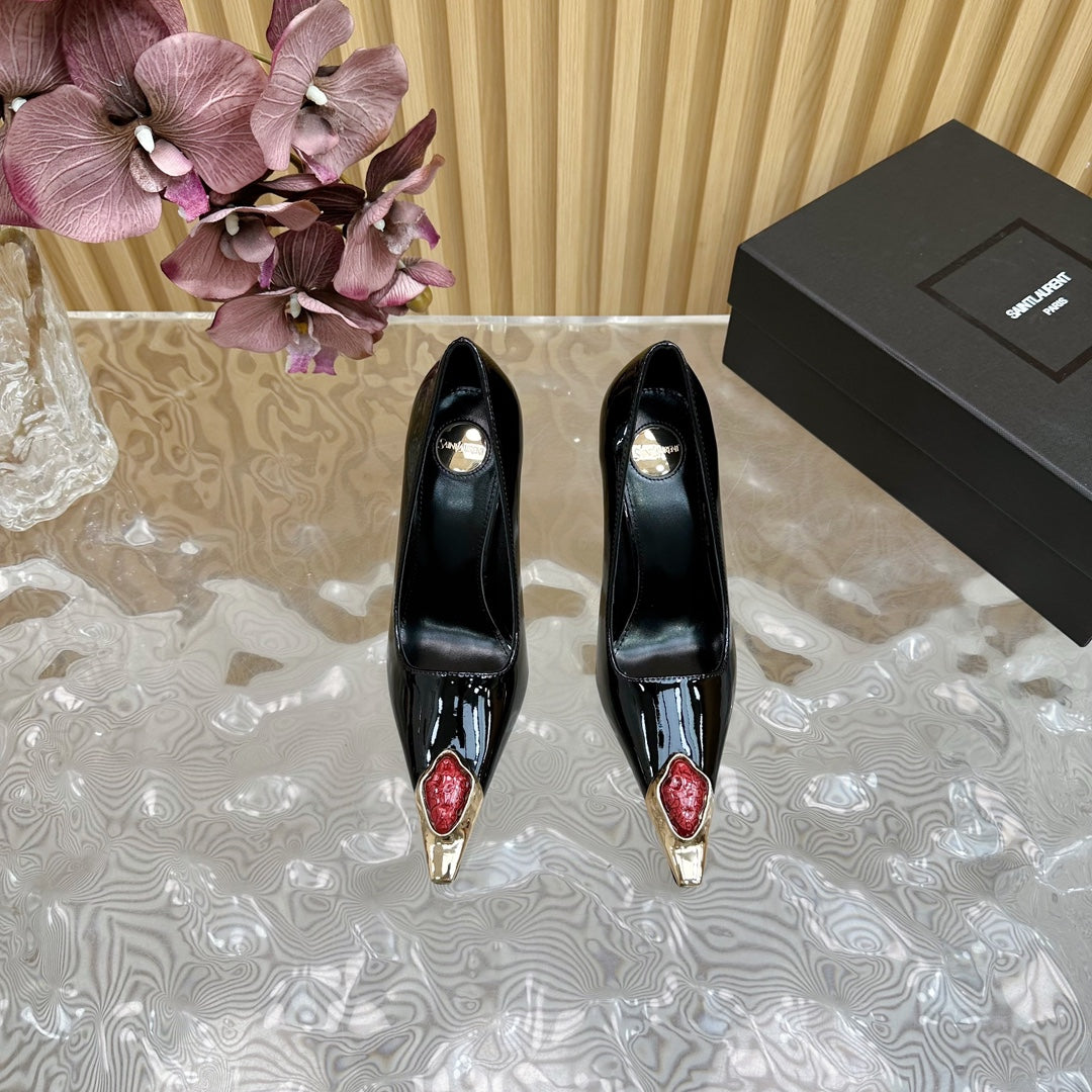 RED GEM-STUDDED HIGH PUMPS IN BLACK PATENT CALFSKIN - 35