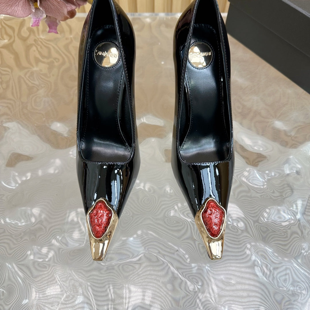 RED GEM-STUDDED HIGH PUMPS IN BLACK PATENT CALFSKIN - 35