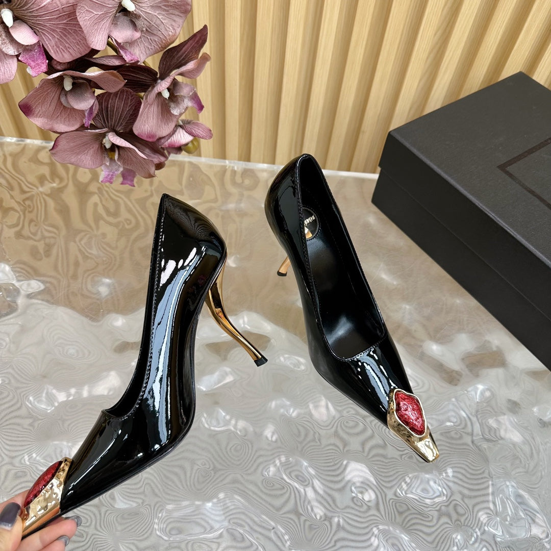 RED GEM-STUDDED HIGH PUMPS IN BLACK PATENT CALFSKIN - 35