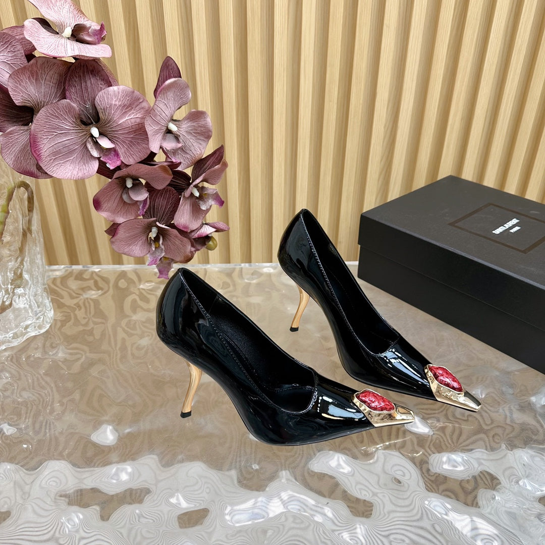 RED GEM-STUDDED HIGH PUMPS IN BLACK PATENT CALFSKIN - 35