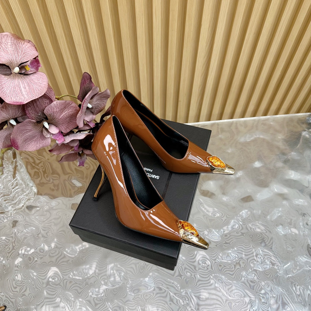 ORANGE GEM-STUDDED HIGH PUMPS IN BRONZE BROWN PATENT CALFSKIN - 35