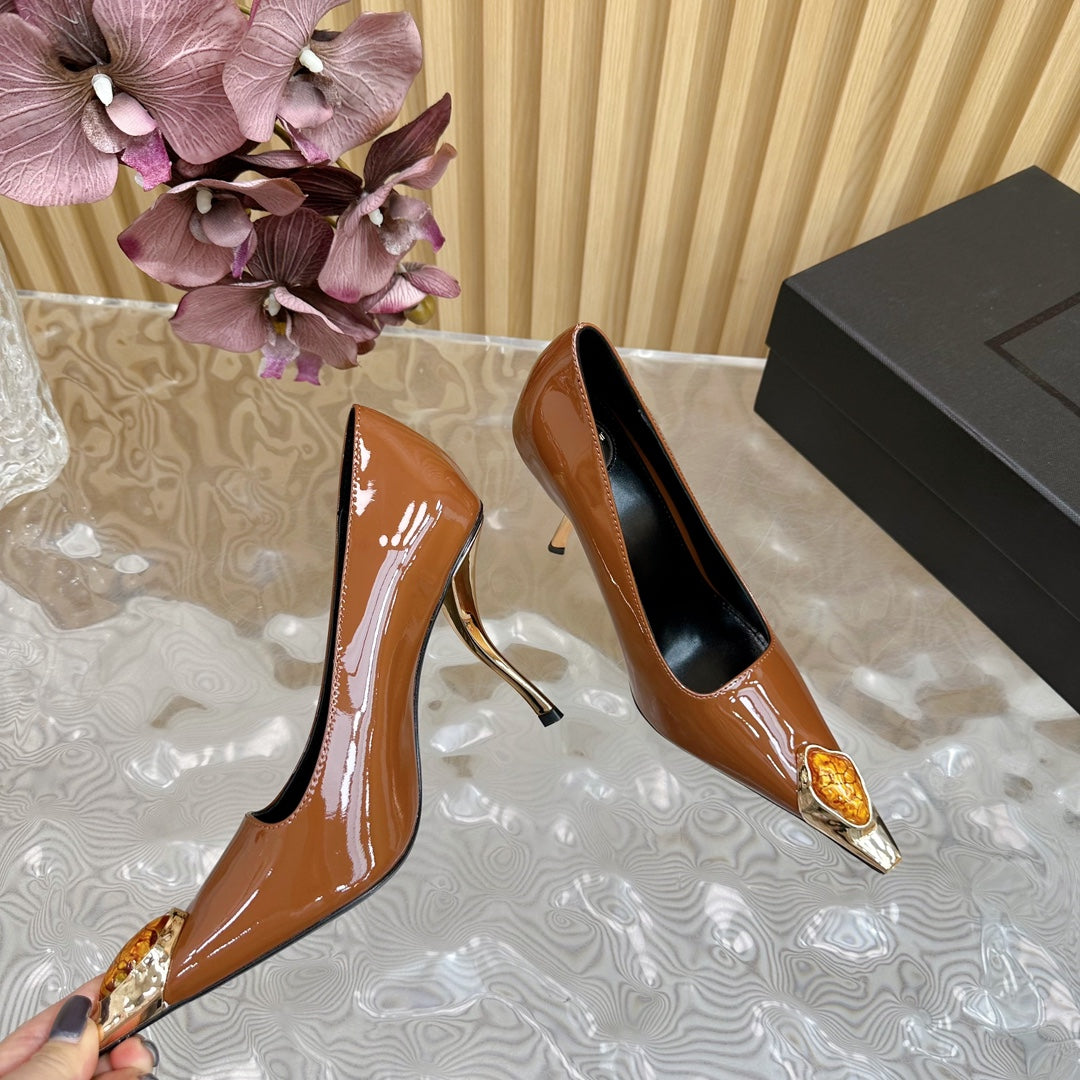 ORANGE GEM-STUDDED HIGH PUMPS IN BRONZE BROWN PATENT CALFSKIN - 35
