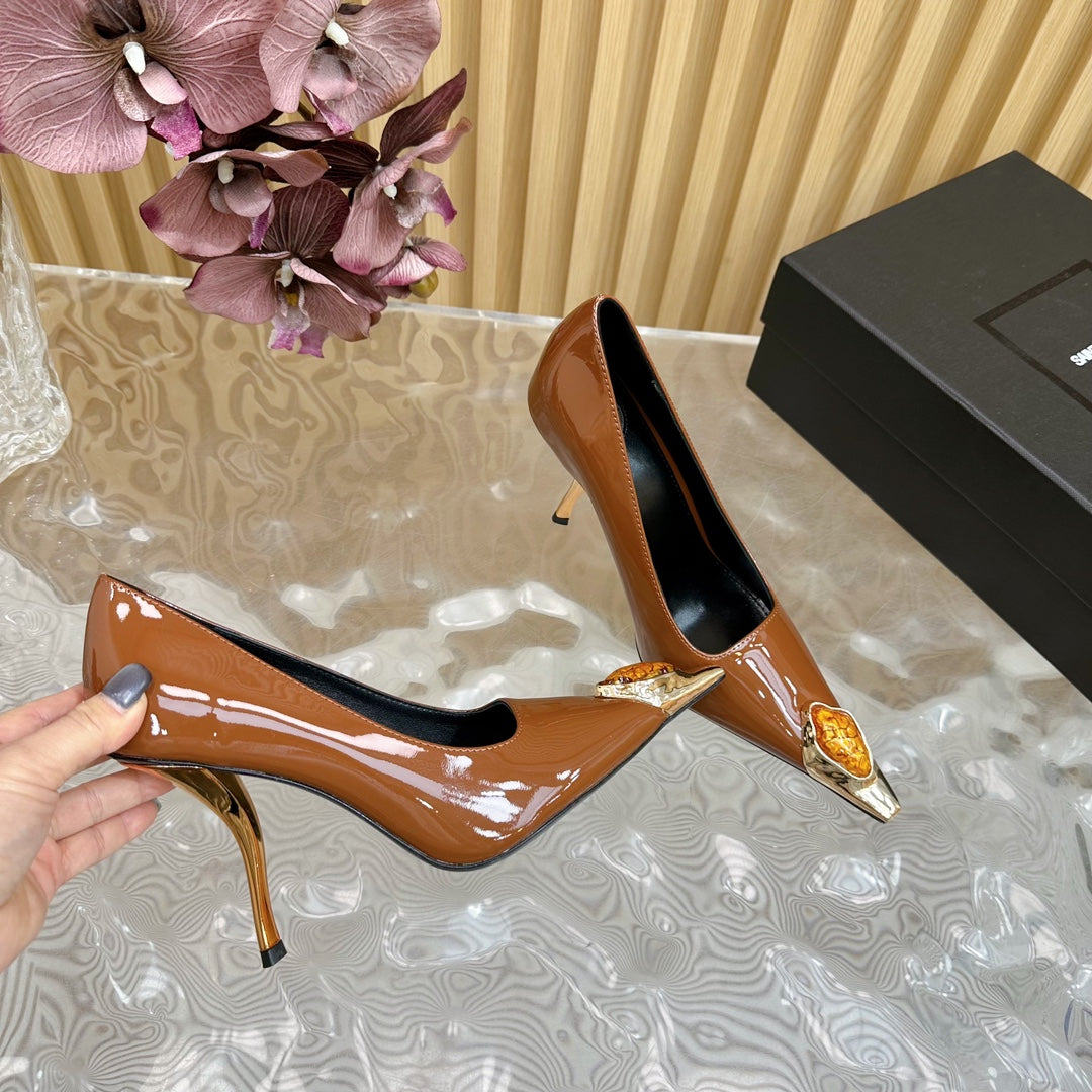 ORANGE GEM-STUDDED HIGH PUMPS IN BRONZE BROWN PATENT CALFSKIN - 35
