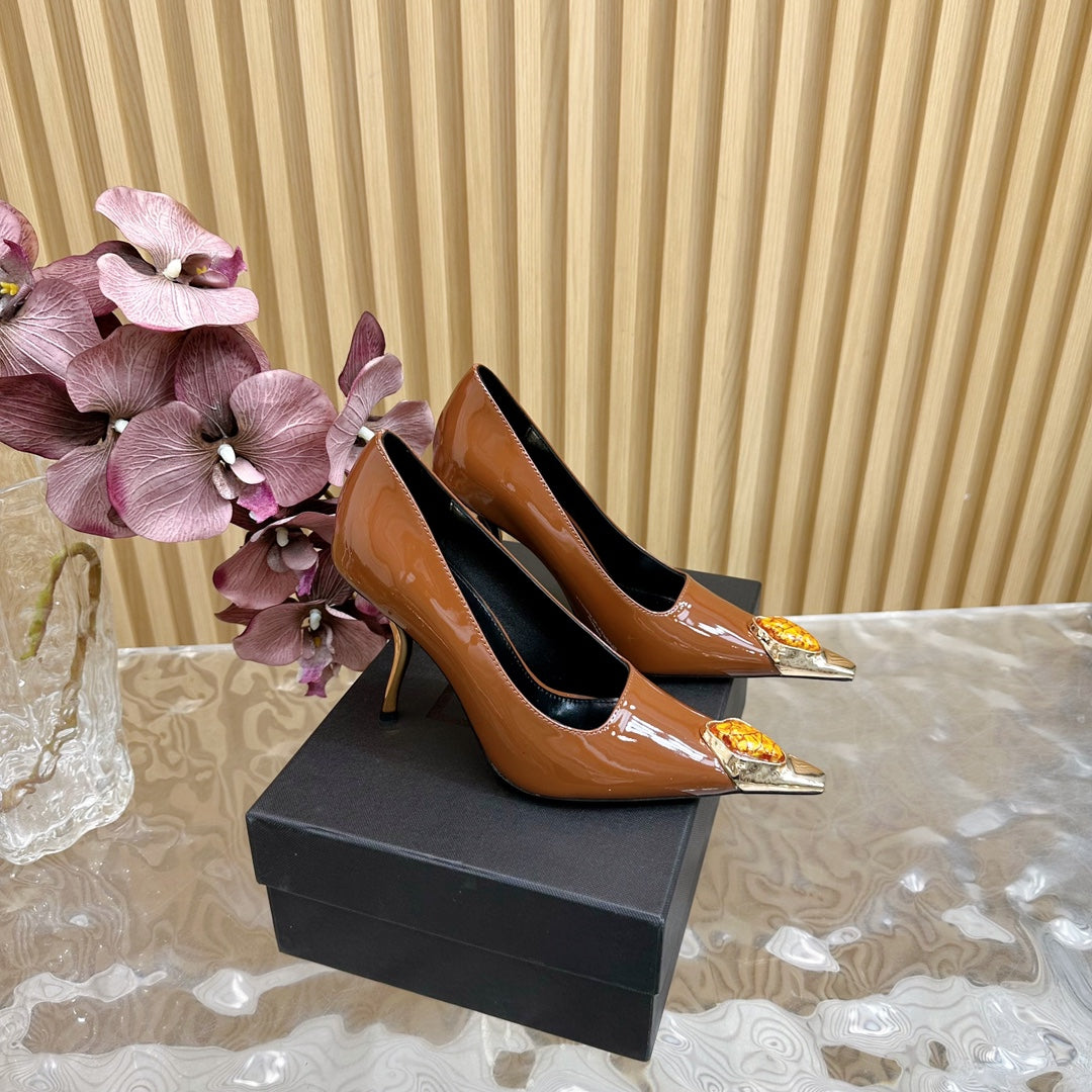 ORANGE GEM-STUDDED HIGH PUMPS IN BRONZE BROWN PATENT CALFSKIN - 35